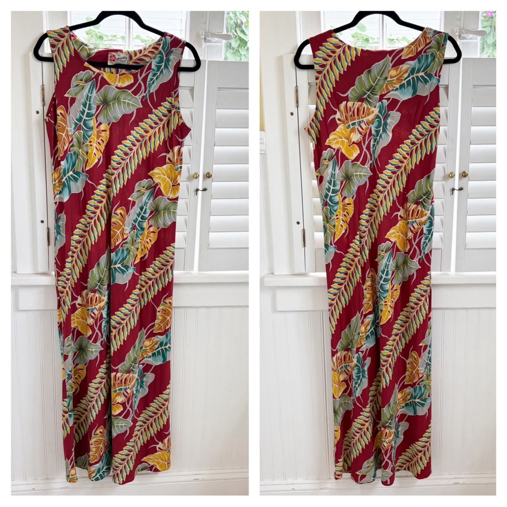 Hilo Hattie Burgundy Tropical Leaf Print Sleeveless Maxi Hawaiian Dress Large